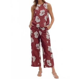 NEW ENTRO woven floral wide leg pants in ruby